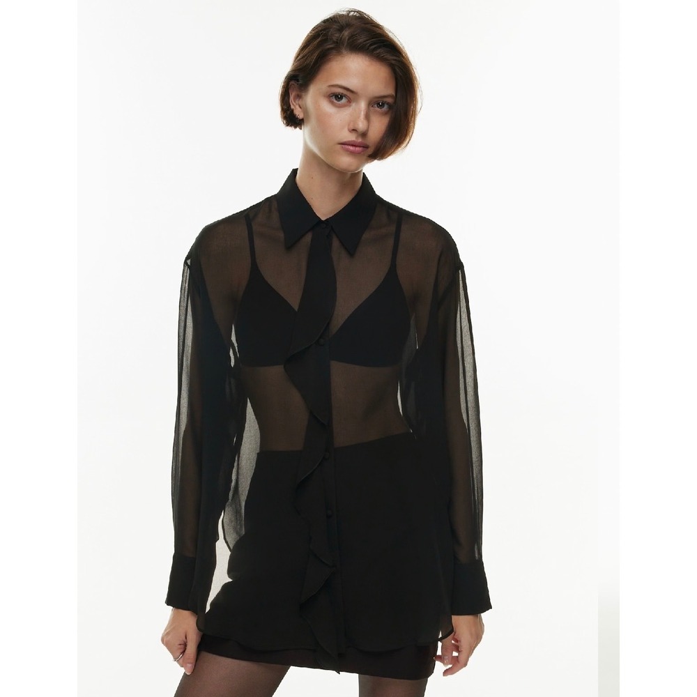 Wilfred Aritzia Black Sheer Ruffle Front Button Down Blouse Small